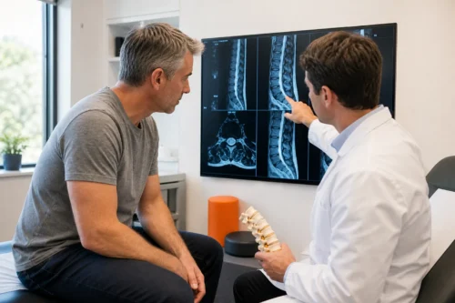 Utah car accident victim reviewing a car accident settlement amount with a doctor and attorney