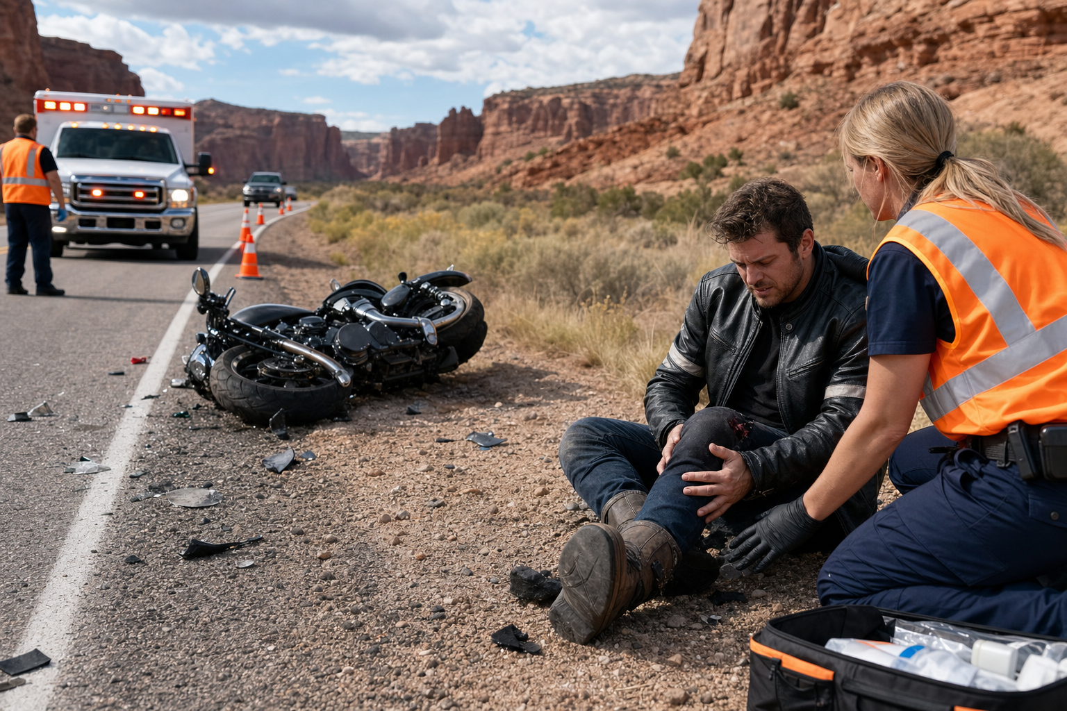 Rider tending to an injured motorcyclist, showing what to do after a motorcycle accident in Utah
