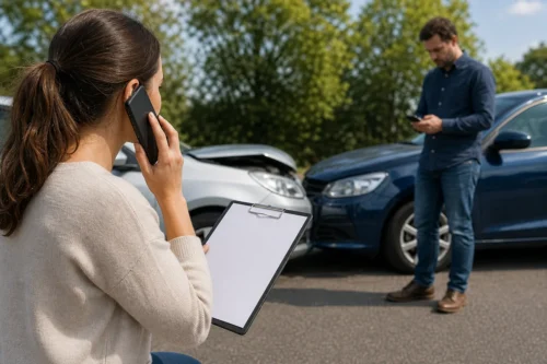 Driver on the phone at a crash scene learning how to file a car accident claim in Utah