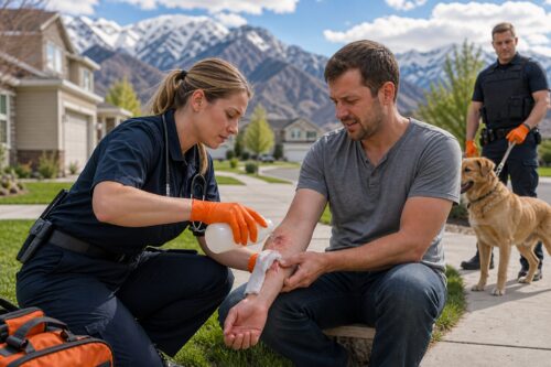 First aid on a dog bite wound showing how to report a dog bite in Utah