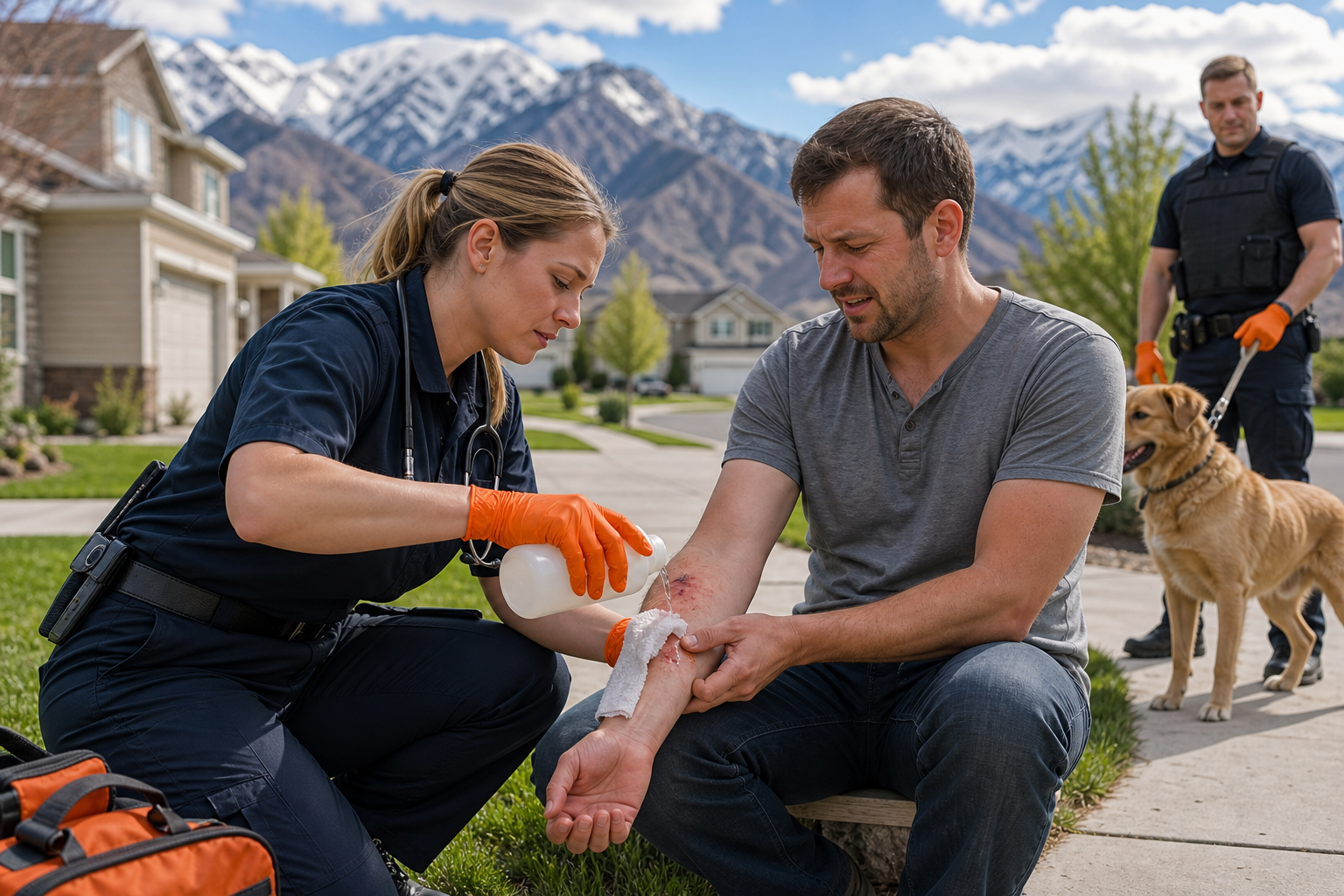 First aid on a dog bite wound showing how to report a dog bite in Utah