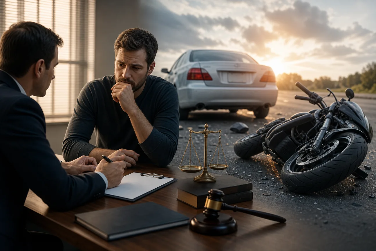 Utah attorney discussing a motorcycle accident settlement amount with a client near a damaged motorcycle